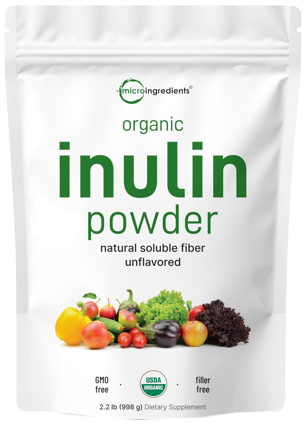 Front view of Micro Ingredients Organic Inulin FOS Fiber Powder 2.2 lb packaging