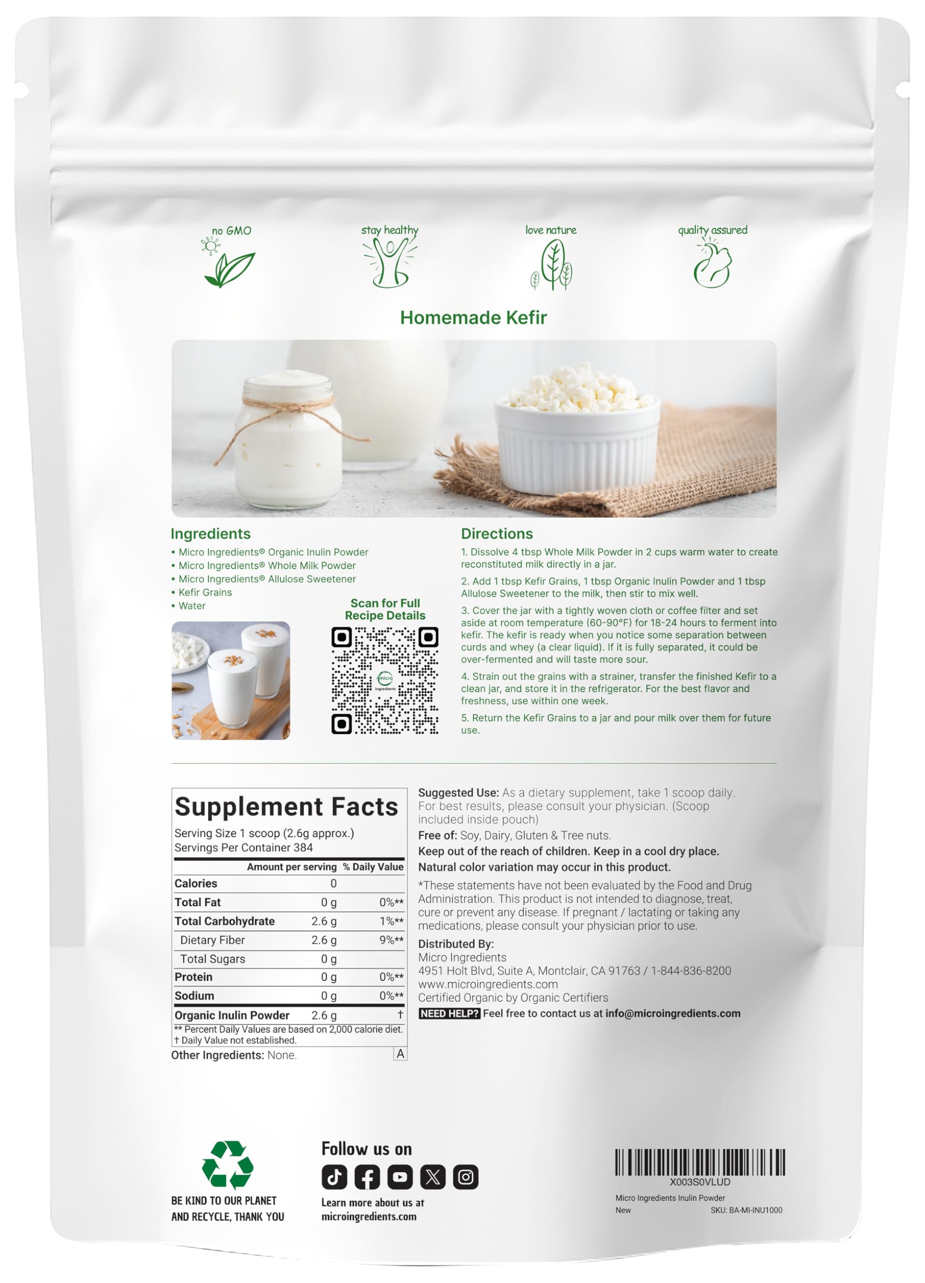 Side view of Micro Ingredients Organic Inulin FOS Fiber Powder 2.2 lb package