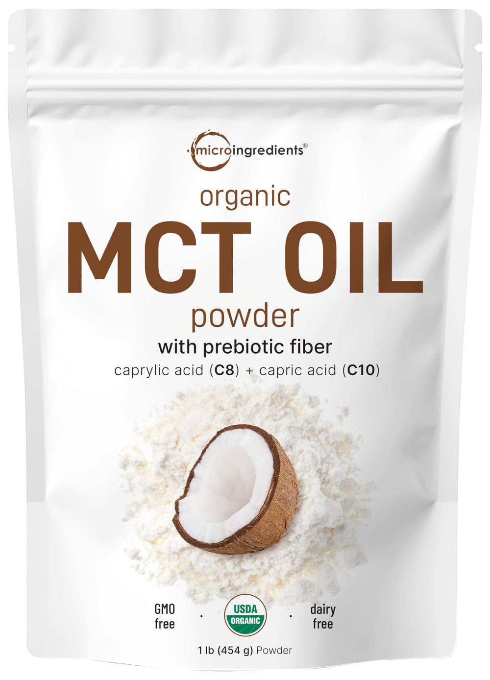 Front view of Micro Ingredients Organic MCT Oil Powder with Prebiotic Fiber 1 lb package