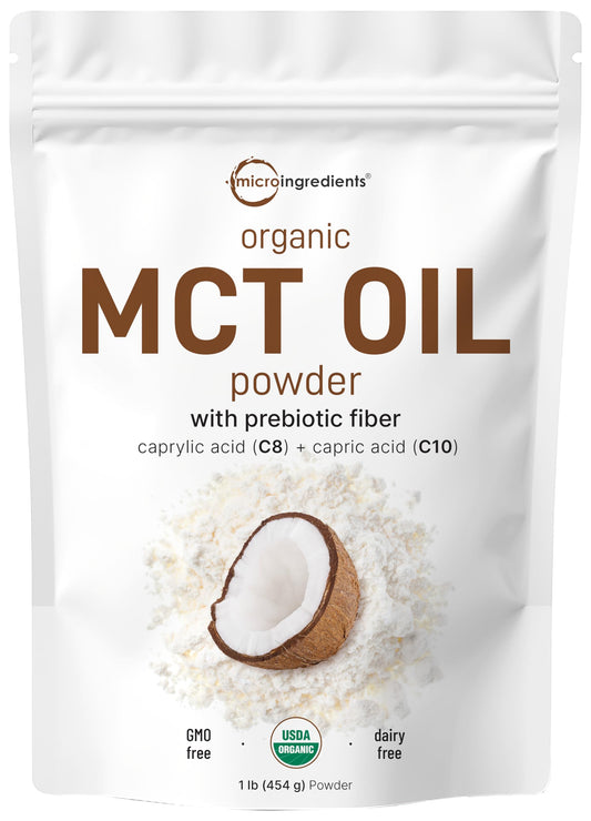 Front view of Micro Ingredients Organic MCT Oil Powder with Prebiotic Fiber 1 lb package