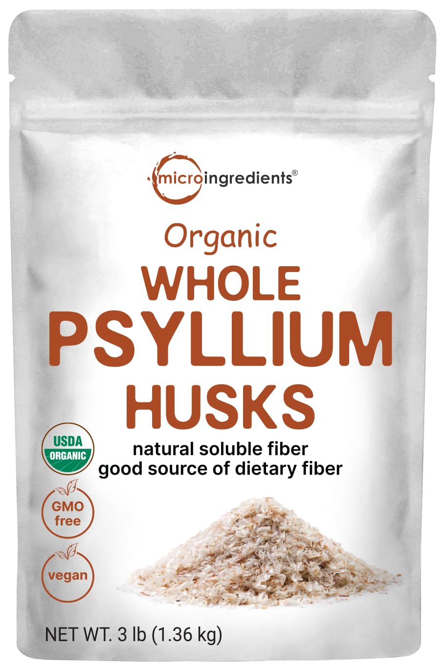 Front packaging of Micro Ingredients Organic Whole Psyllium Husks 3lb