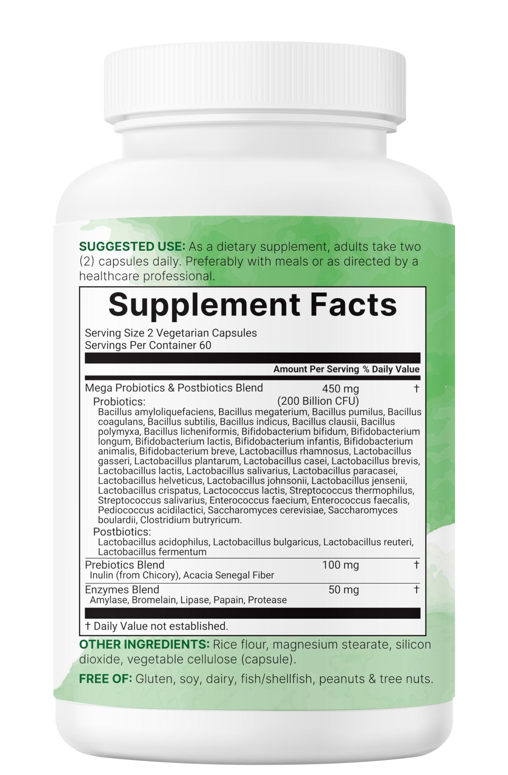 Non-GMO, soy-free, dairy-free allergen-free probiotic supplement icons