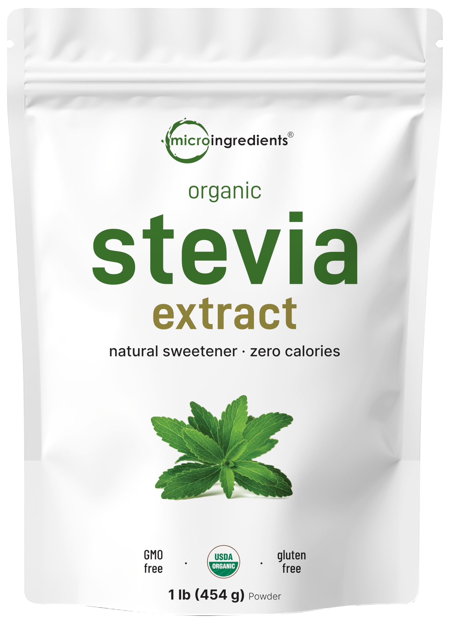 Micro Ingredients Pure Organic Stevia Powder bottle provides zero-calorie sweetness.