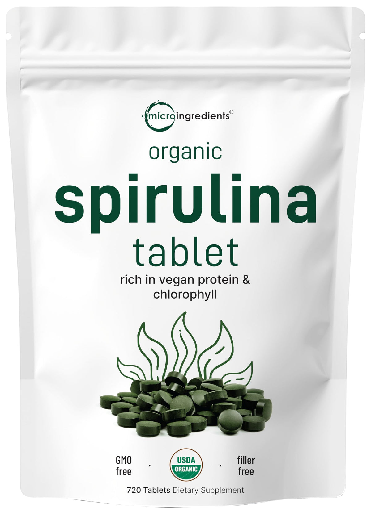 Front view of the Micro Ingredients Organic Spirulina supplement bottle with 720 tablets