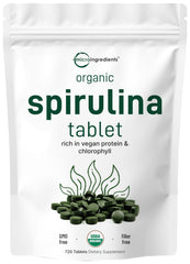 Front view of the Micro Ingredients Organic Spirulina supplement bottle with 720 tablets