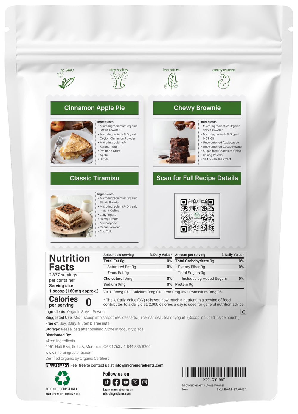 Micro Ingredients Stevia Powder scoop demonstrates bulk measuring for precise baking.