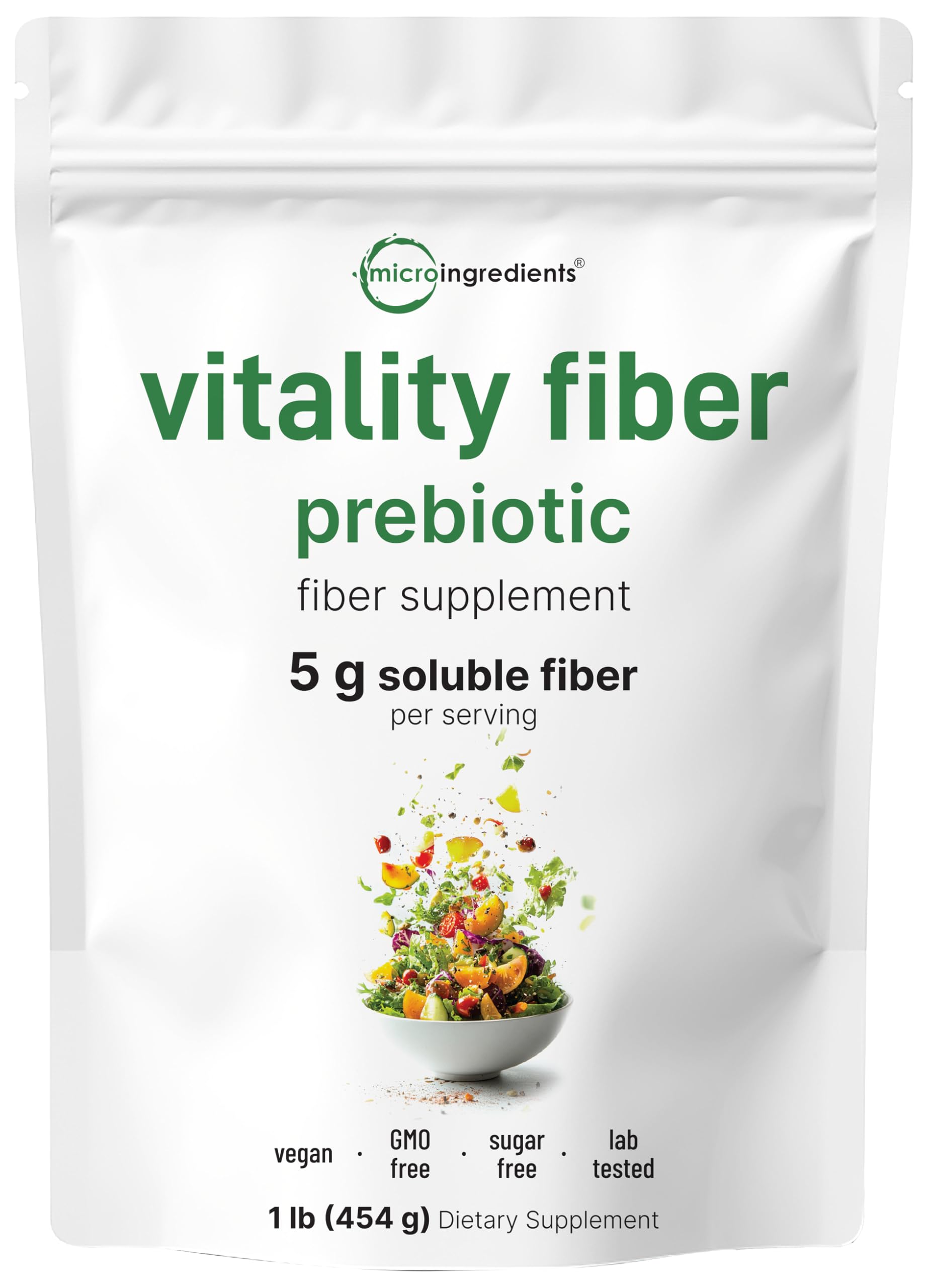 Front view of Micro Ingredients Vitality Prebiotic Fiber Powder 1lb pouch