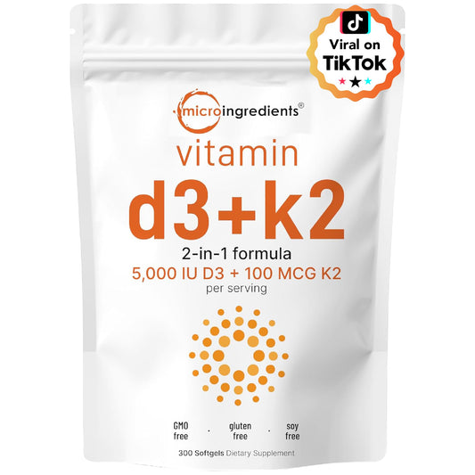 Bottle of Micro Ingredients Vitamin D3 5000 IU + K2 MK-7 100 mcg with 300 softgels