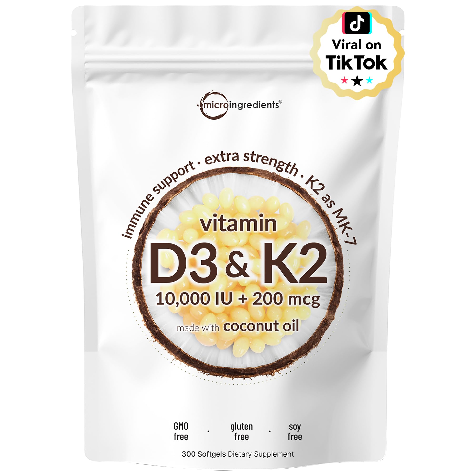 Bottle of Micro Ingredients Vitamin D3 and K2 with coconut oil softgels