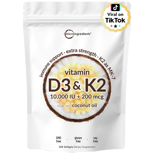 Bottle of Micro Ingredients Vitamin D3 and K2 with coconut oil softgels