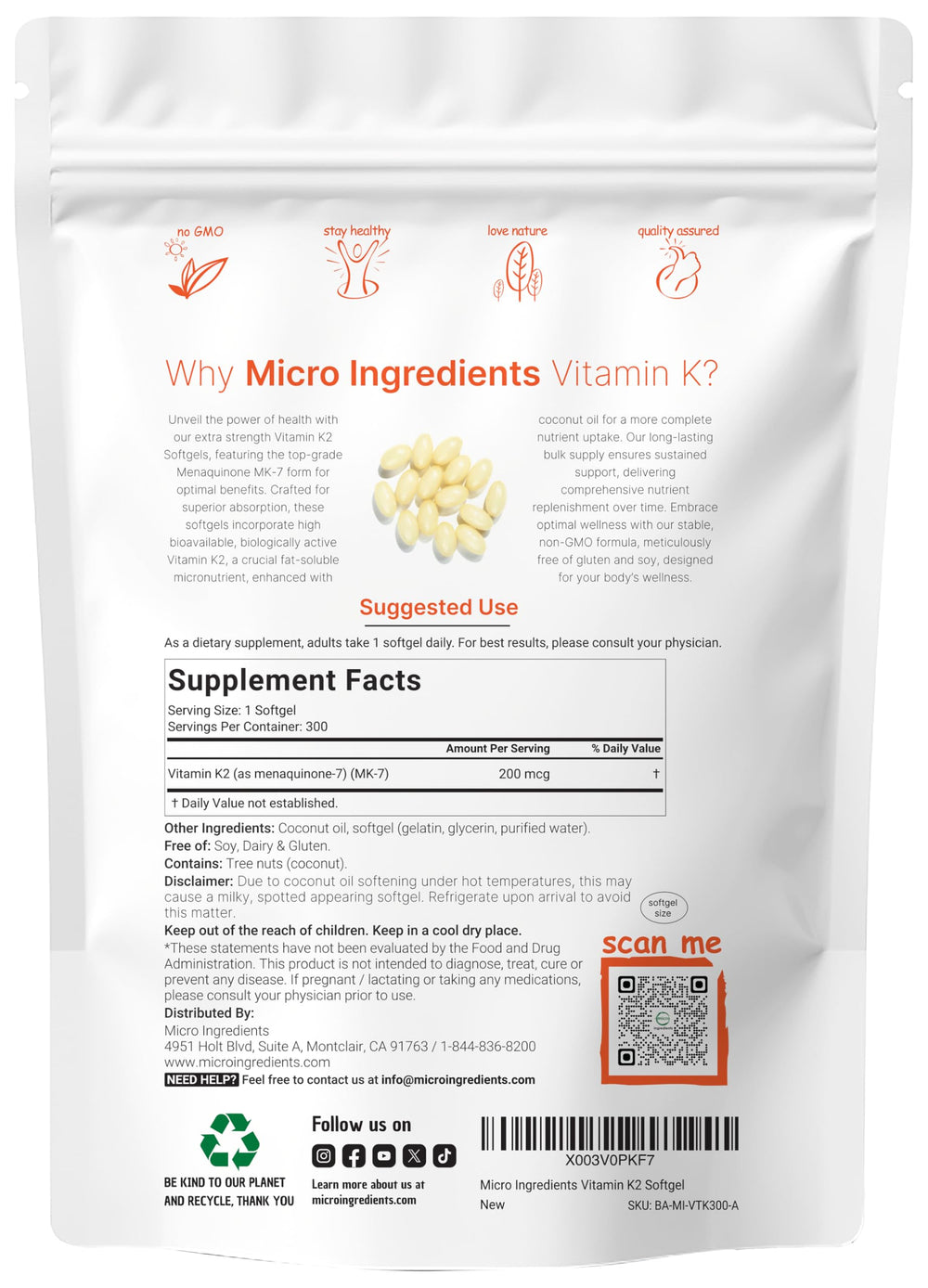 Label showing 200 mcg MK-7 per serving