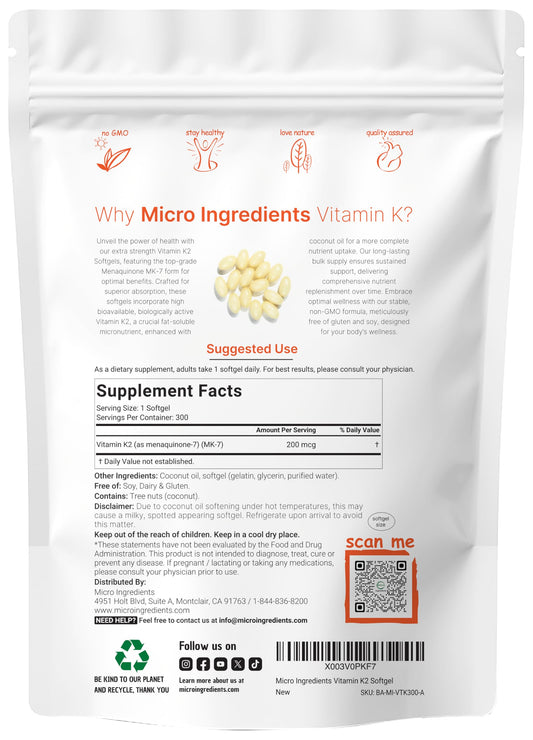 Label showing 200 mcg MK-7 per serving
