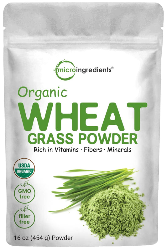 Front view of Micro Ingredients Organic Wheat Grass Powder 16 oz bottle