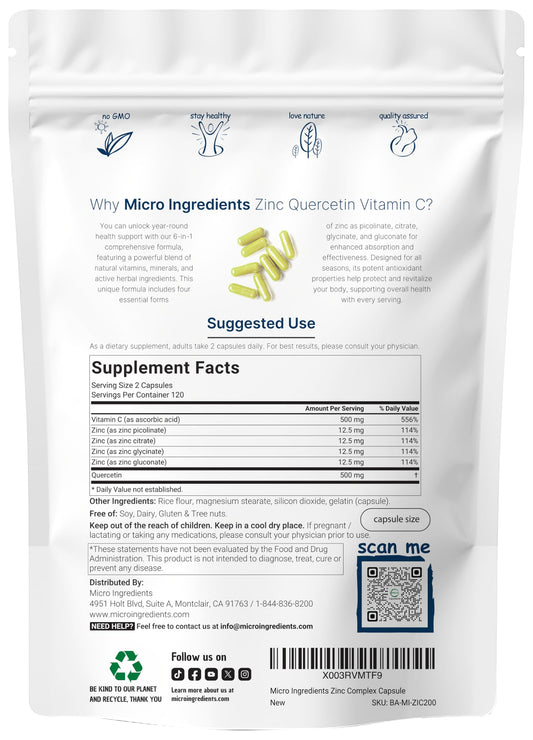 Back label showing supplement facts for Micro Ingredients Zinc Quercetin