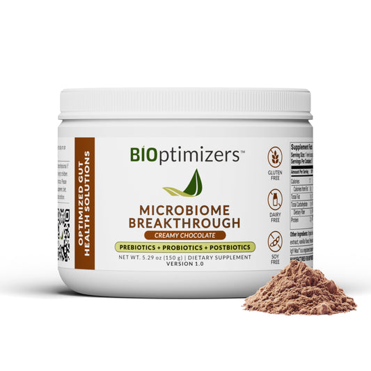Bottle of Microbiome Breakthrough Chocolate Gut Support Powder