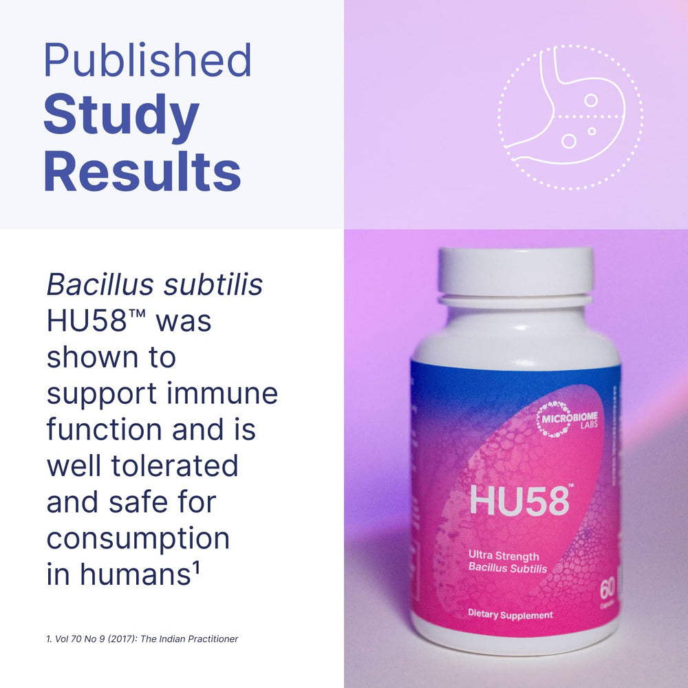 Microbiome Labs HU58 10-billion-CFU label signaling potency for gut health.