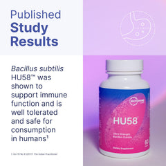 Microbiome Labs HU58 10-billion-CFU label signaling potency for gut health.