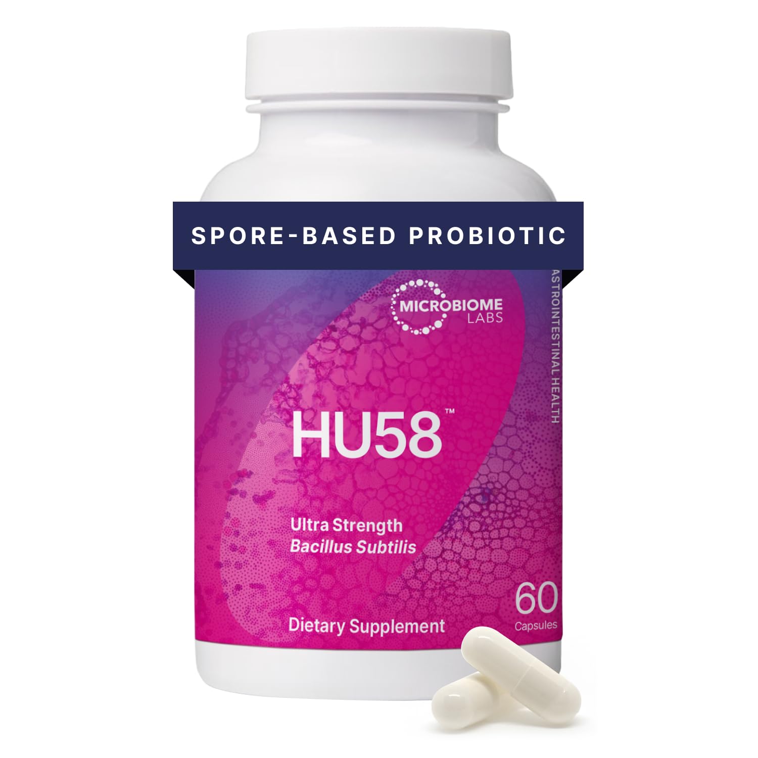 Microbiome Labs HU58 bottle front for daily digestive balance.