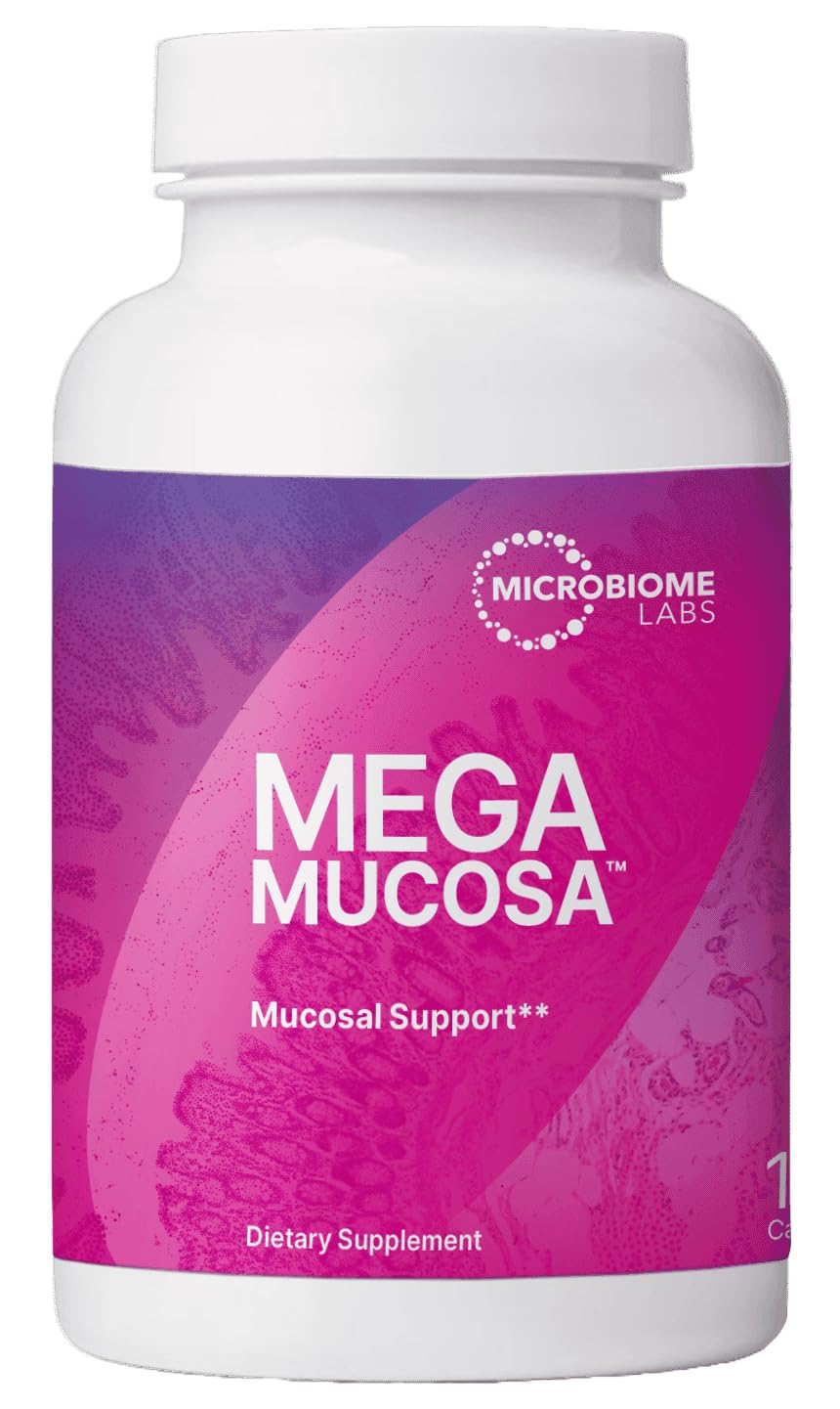 MegaMucosa bottle front view from Microbiome Labs for gut support.