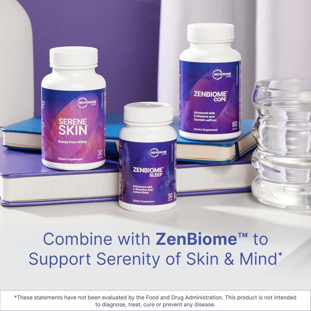 Microbiome Labs SereneSkin glass bottle on a nightstand with morning routine imagery.