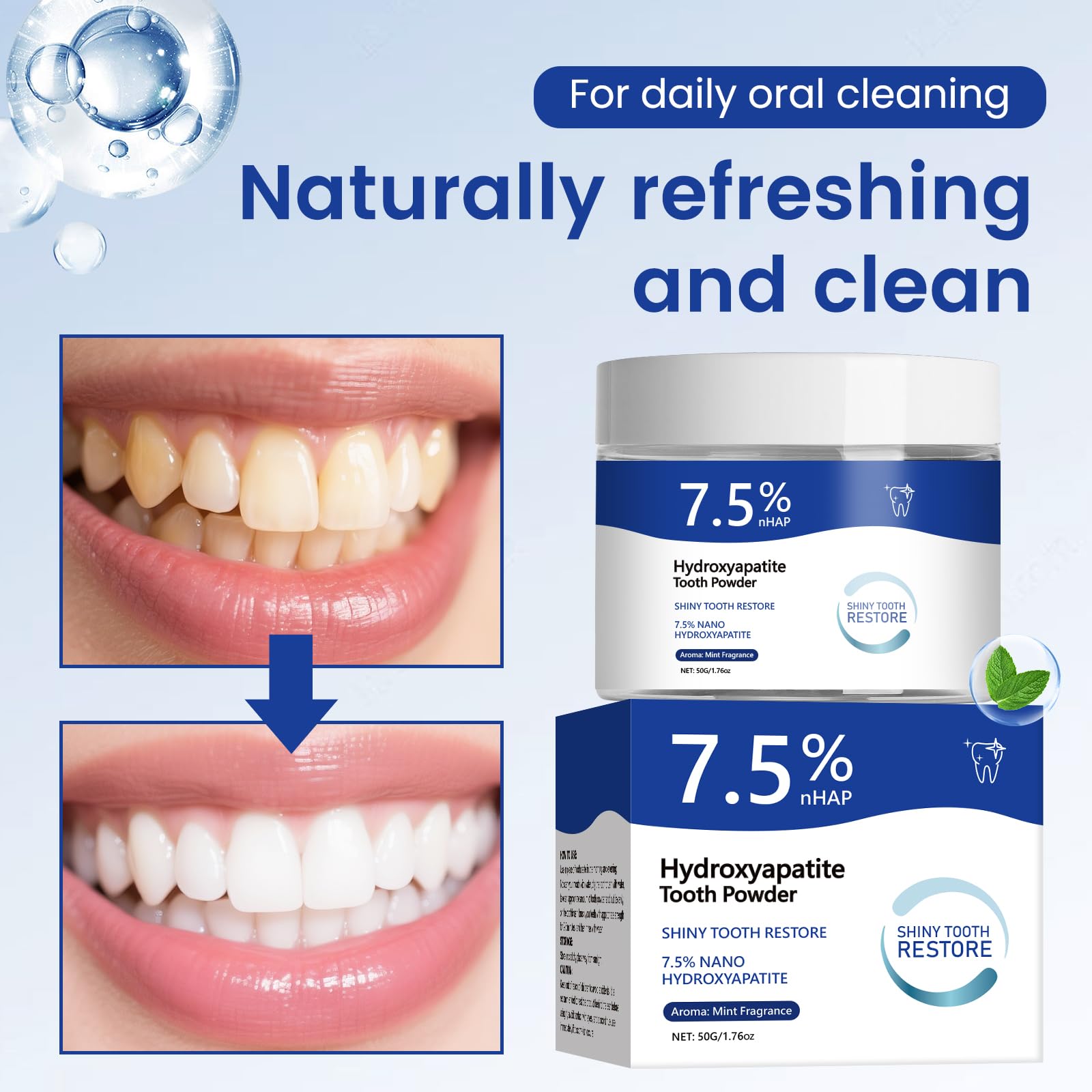 Container of hydroxyapatite toothpaste powder with scoop