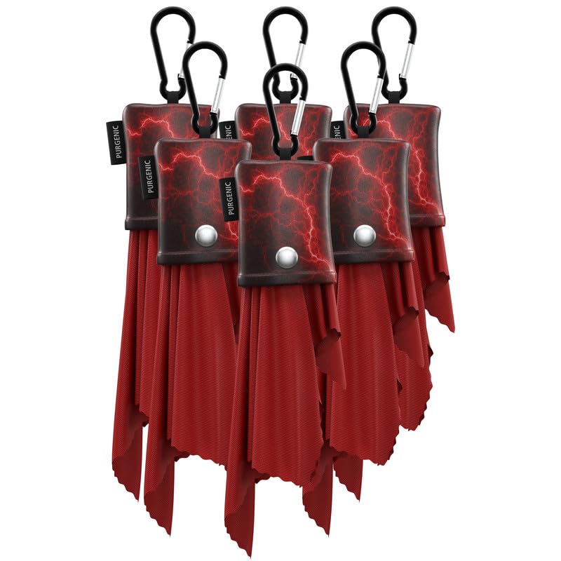 Six pack microfiber cleaning cloths with portable leather pouches in red