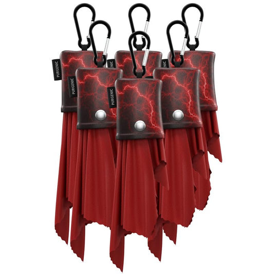 Six pack microfiber cleaning cloths with portable leather pouches in red
