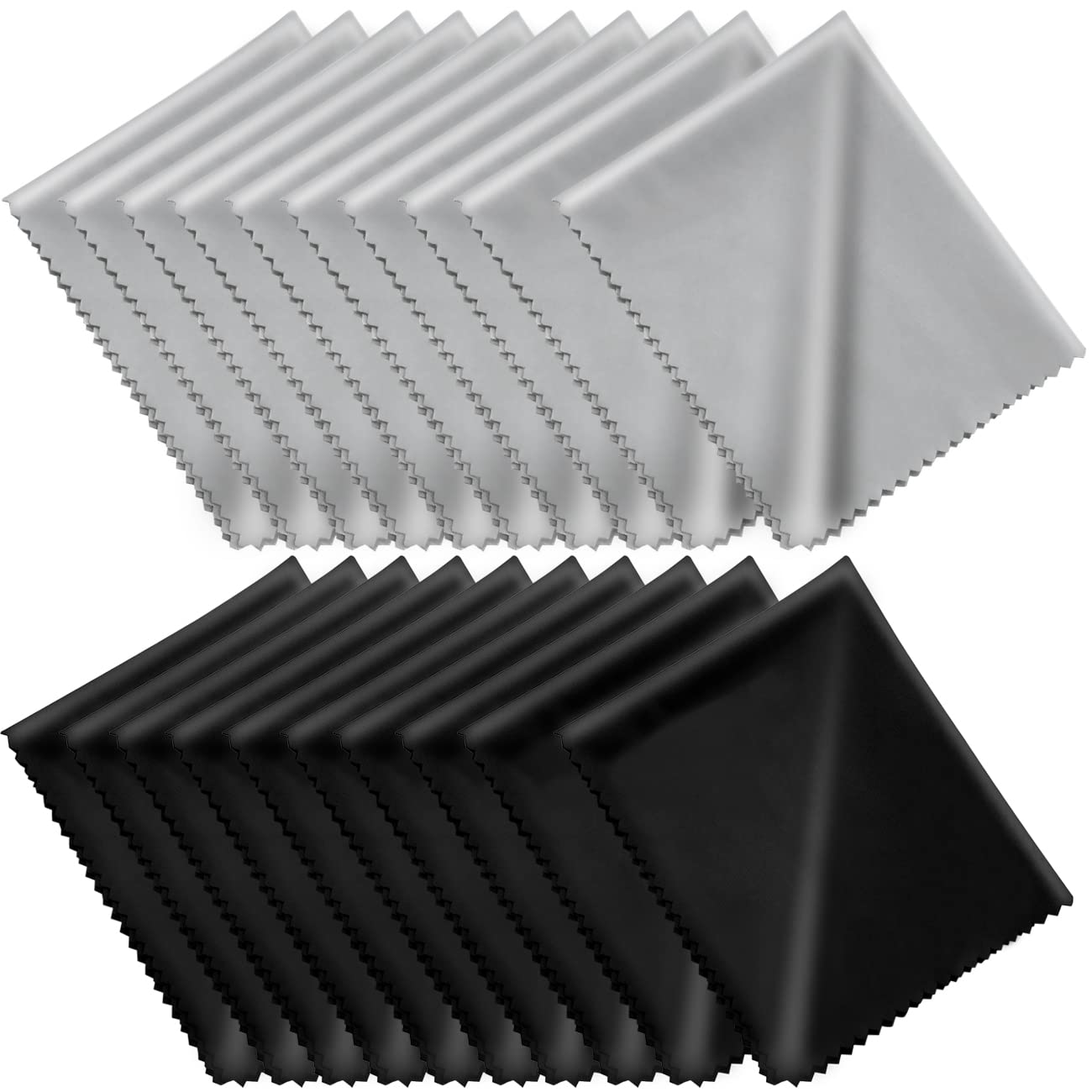 20-pack microfiber cleaning cloths in black and gray, each in an individual vinyl pouch