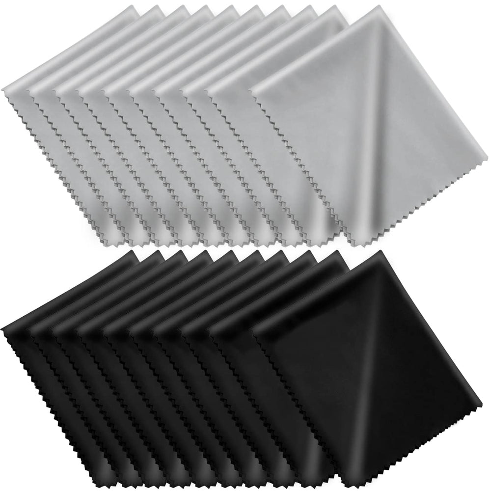 20-pack microfiber cleaning cloths in black and gray, each in an individual vinyl pouch