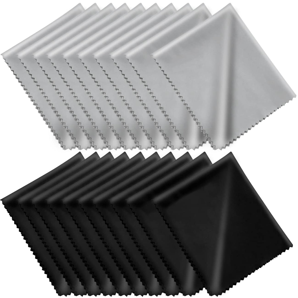 20-pack microfiber cleaning cloths in black and gray, each in an individual vinyl pouch