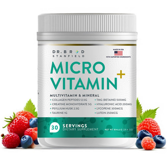 Bottle of MicroVitamin+ multivitamin with collagen peptides and creatine