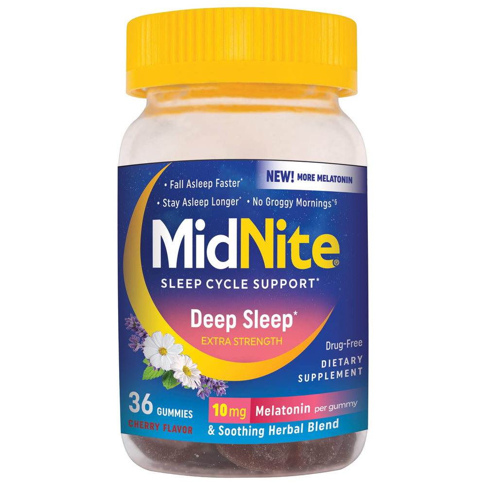 Bottle of MidNite Deep Sleep Extra Strength melatonin gummies with label