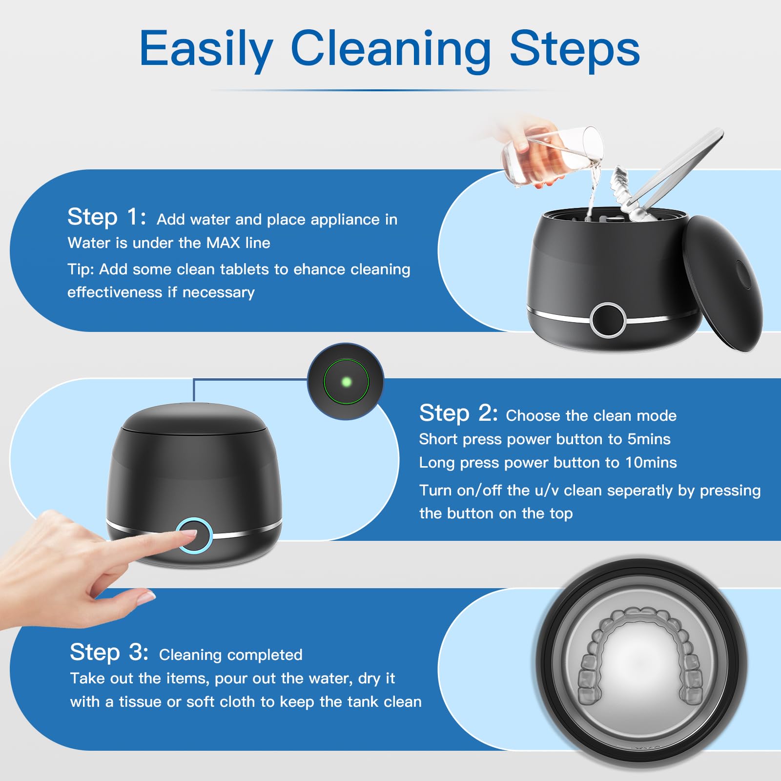 Package contents: cleaner, power adapter, USB-C cable, user manual, tweezers, mesh basket