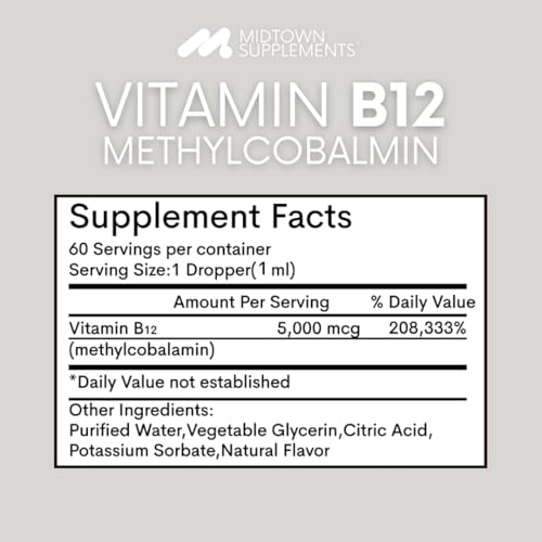 Close-up of Midtown B12 5000 mcg drops bottle