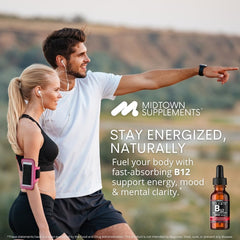 Lifestyle image promoting Midtown B12 5000 mcg drops for energy