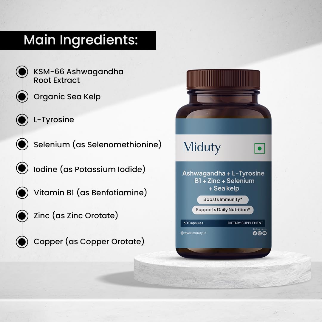 Nutritional information and certification icons on Miduty bottle
