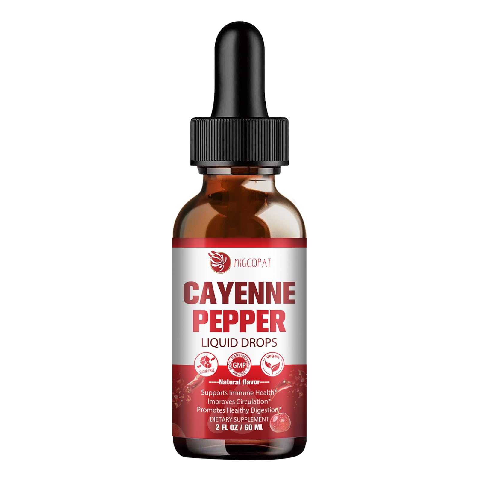 Close-up of the Migcopat Cayenne Pepper Drops bottle label