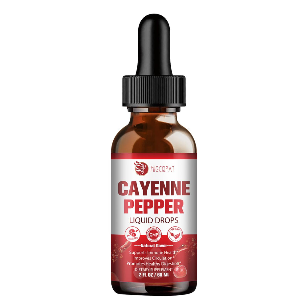 Close-up of the Migcopat Cayenne Pepper Drops bottle label