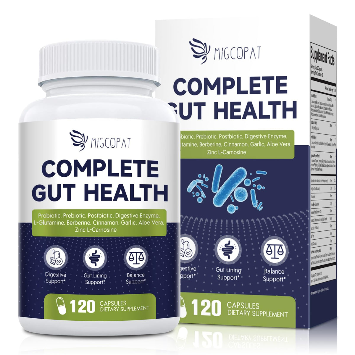 Migcopat bottle and capsules emphasizing 80B CFU probiotics