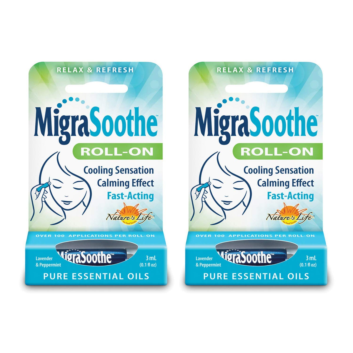 MigraSoothe essential oil roll-on stick applying cooling sensation to temple