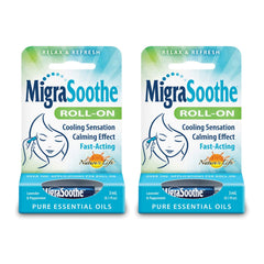 MigraSoothe essential oil roll-on stick applying cooling sensation to temple