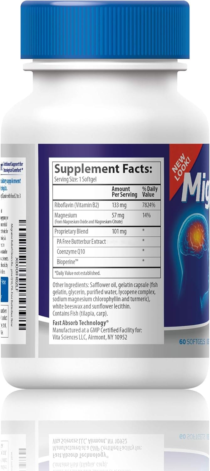 Close-up of Migravent ingredients including magnesium, CoQ10, and riboflavin