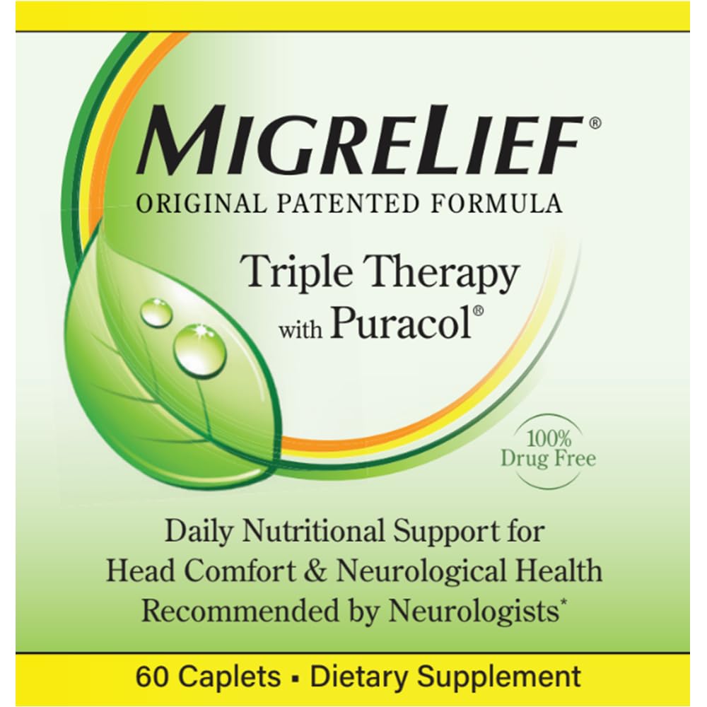MigreLief bottle with ingredients panel emphasizes non-prescription vegetarian option.