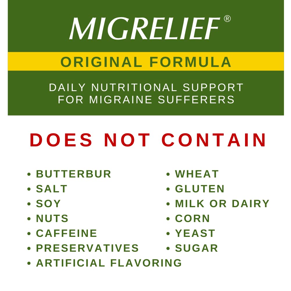 MigreLief bottle with ingredients panel emphasizes non-prescription vegetarian option.