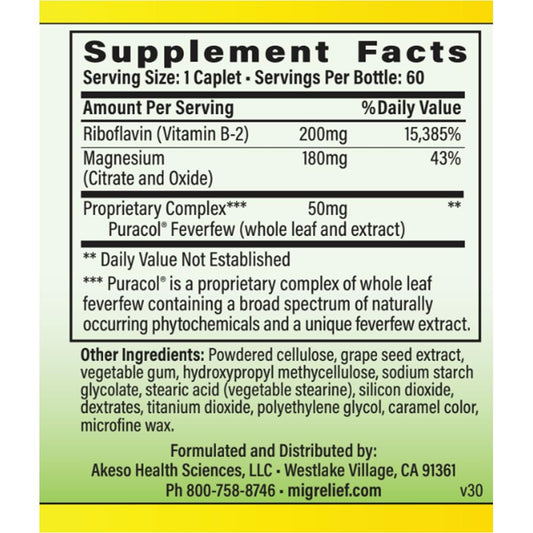 MigreLief caplets close-up showing easy-to-take daily capsules.