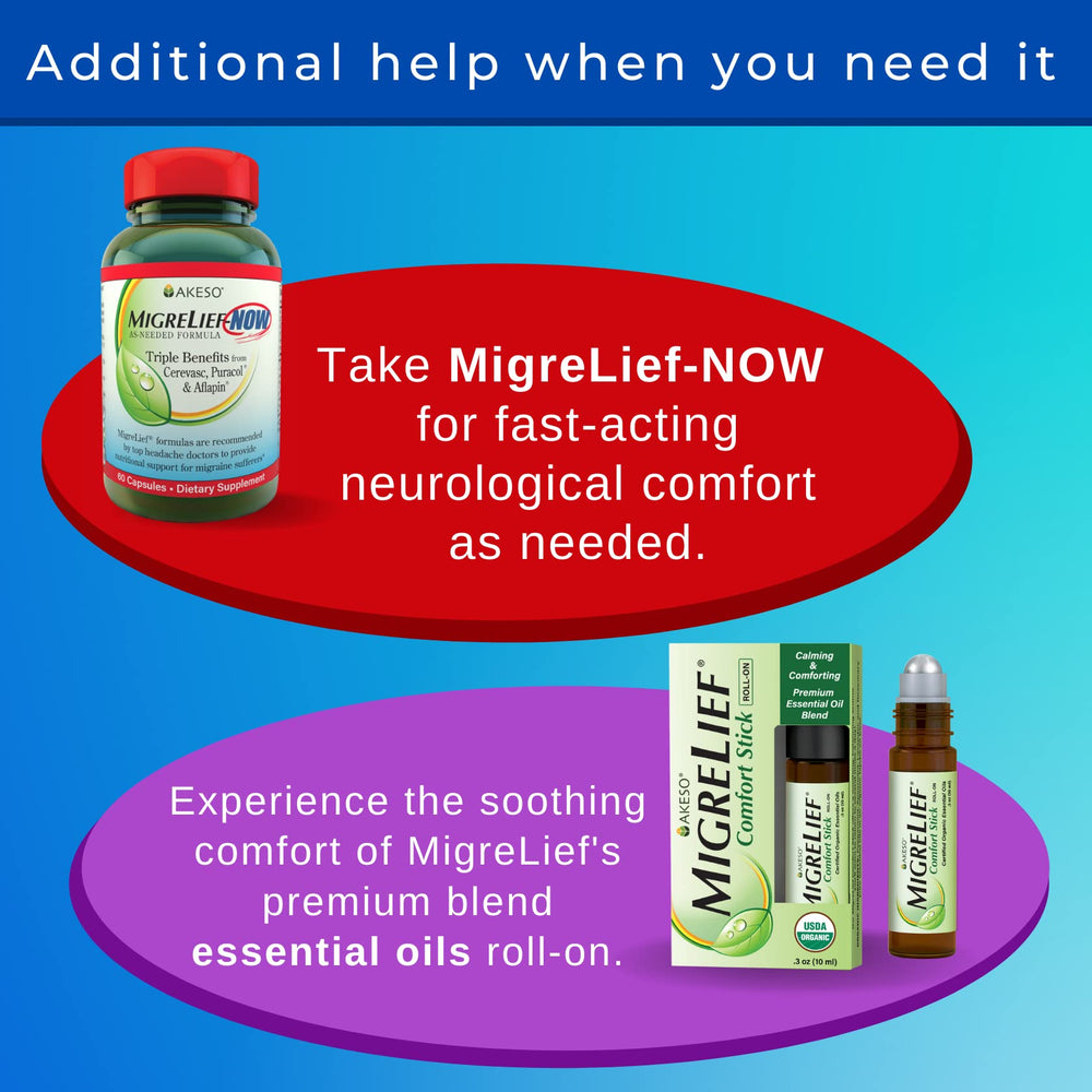 Vegetarian-friendly MigreLief label highlights plant-based capsule suitability.