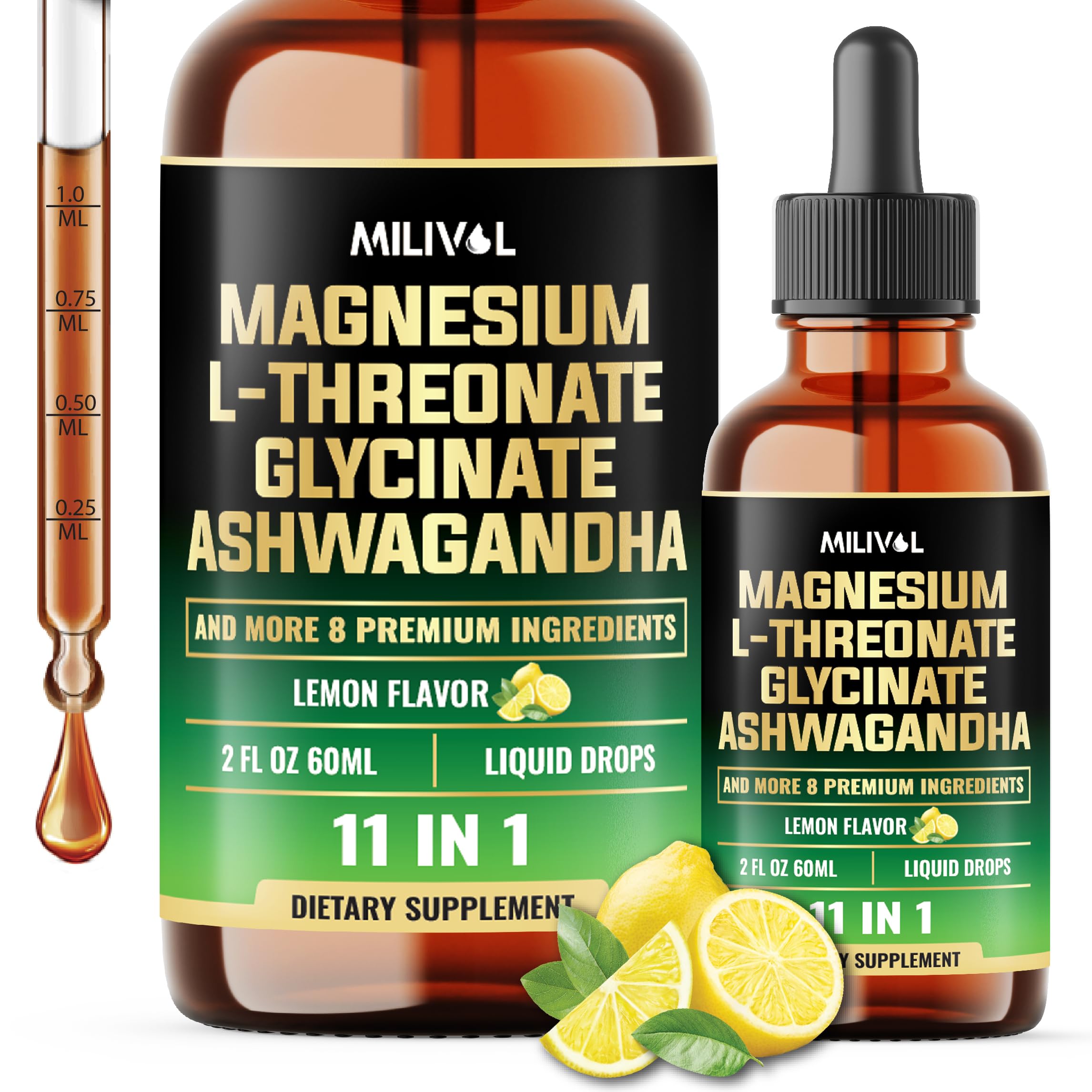 Milivol 10in1 Magnesium Drops Lemon flavor bottle front with label