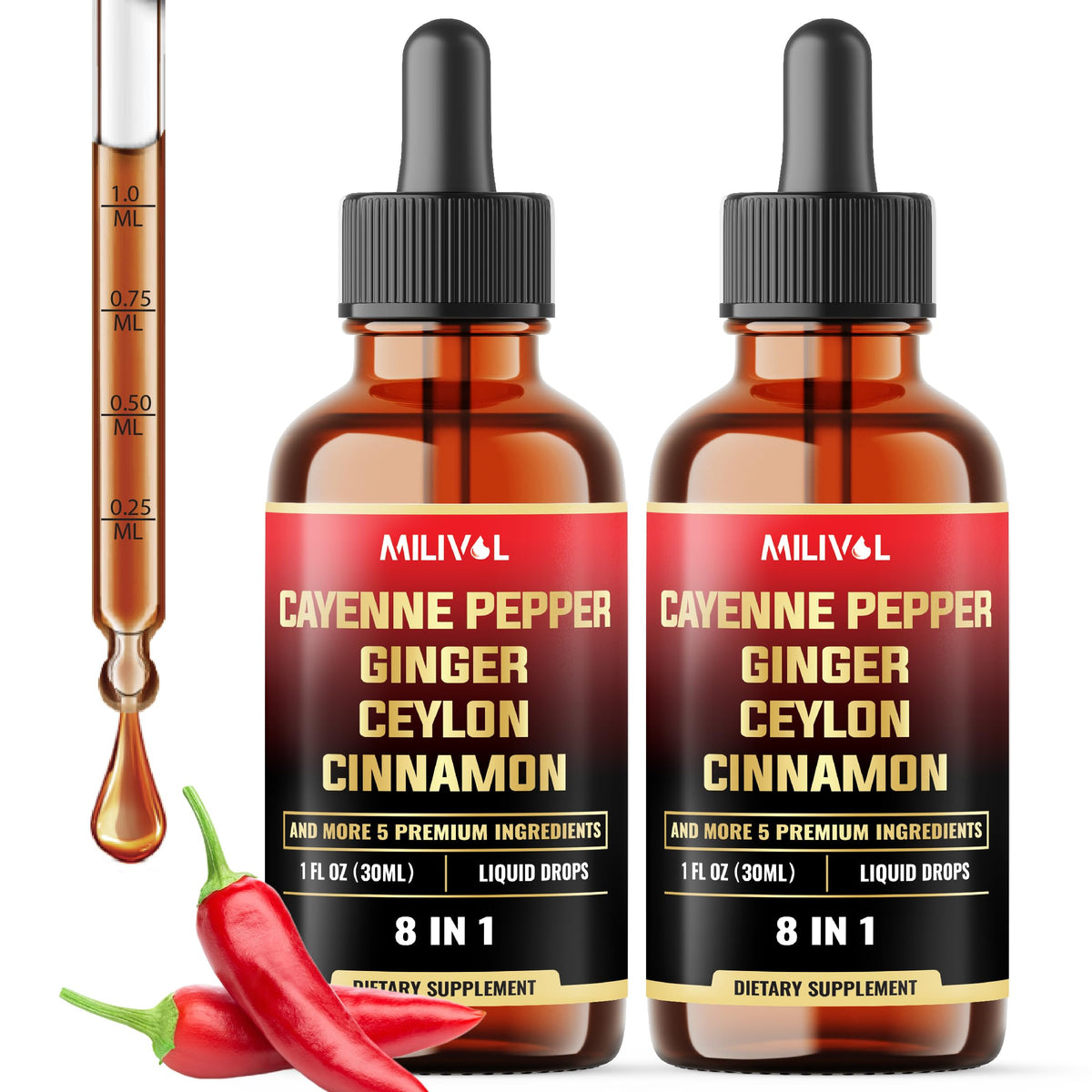 Milivol 8in1 Cayenne Pepper Drops bottle front view