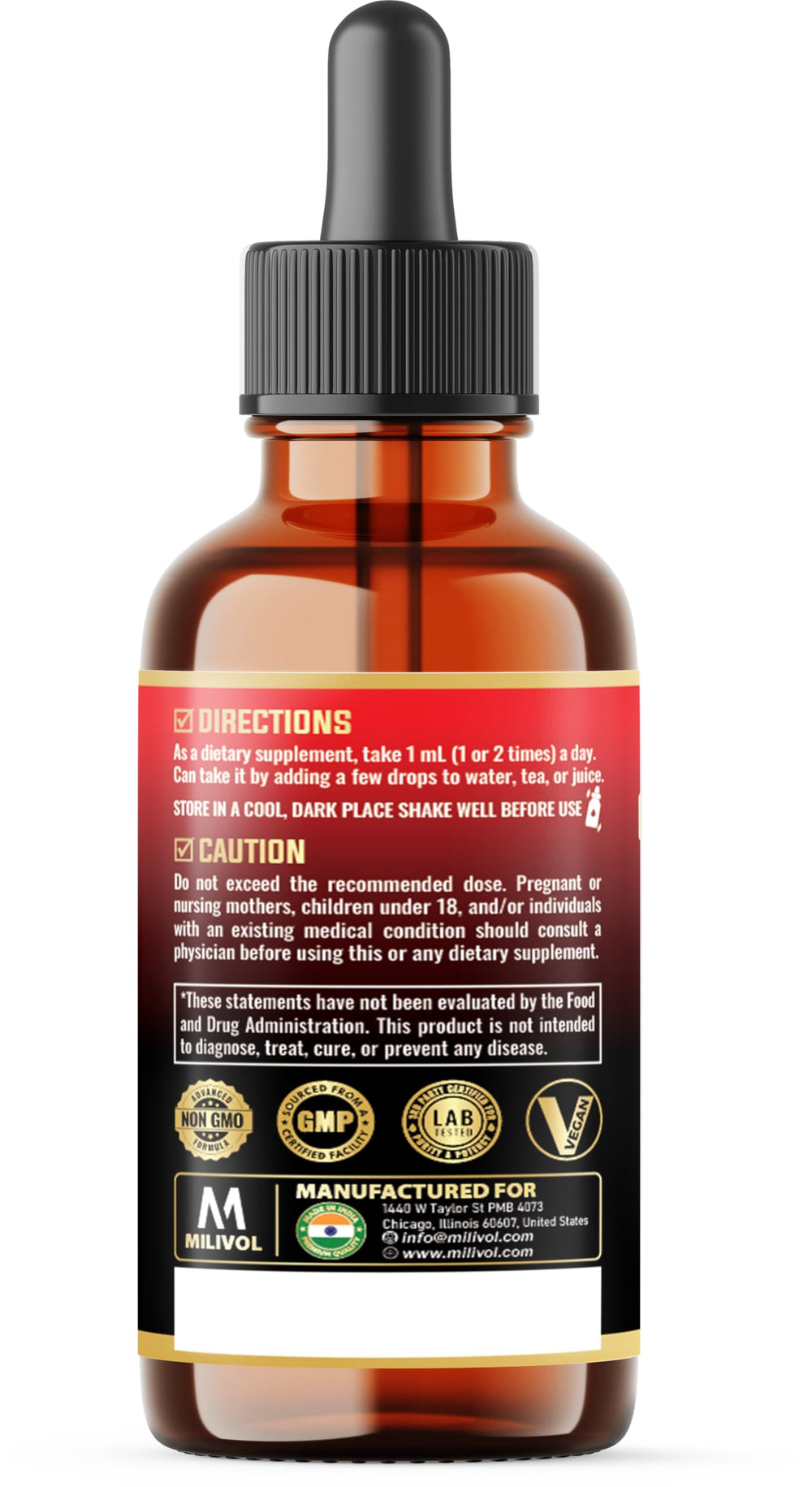 Usage directions for Milivol Cayenne Pepper Liquid Drops