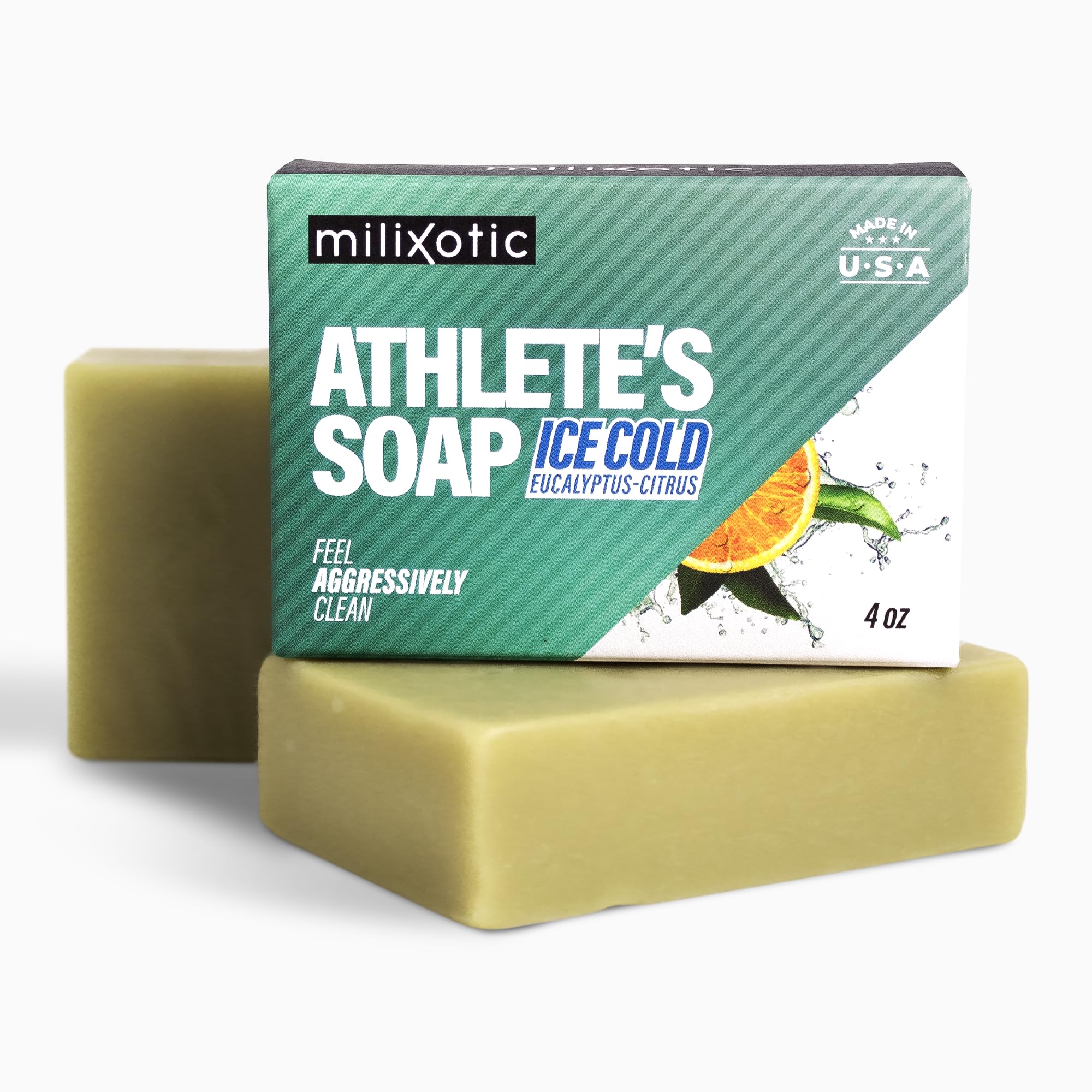 MILIXOTIC Athlete’s Soap front view shows Arctic cooling cleanse after workouts